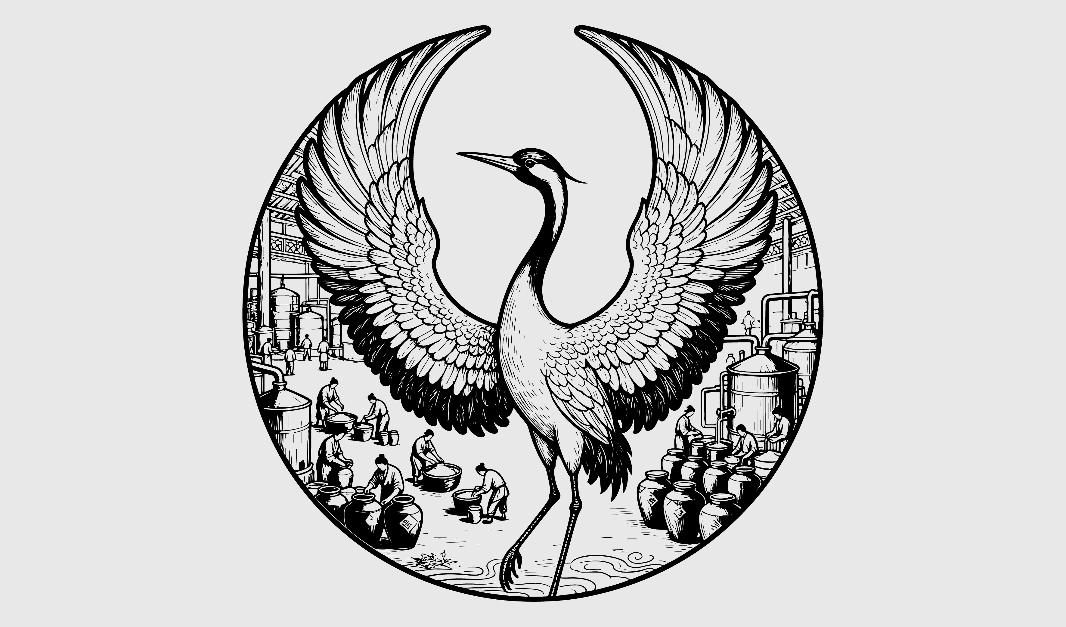 传统-仙鹤酿酒工艺矢量插画 元素设计
