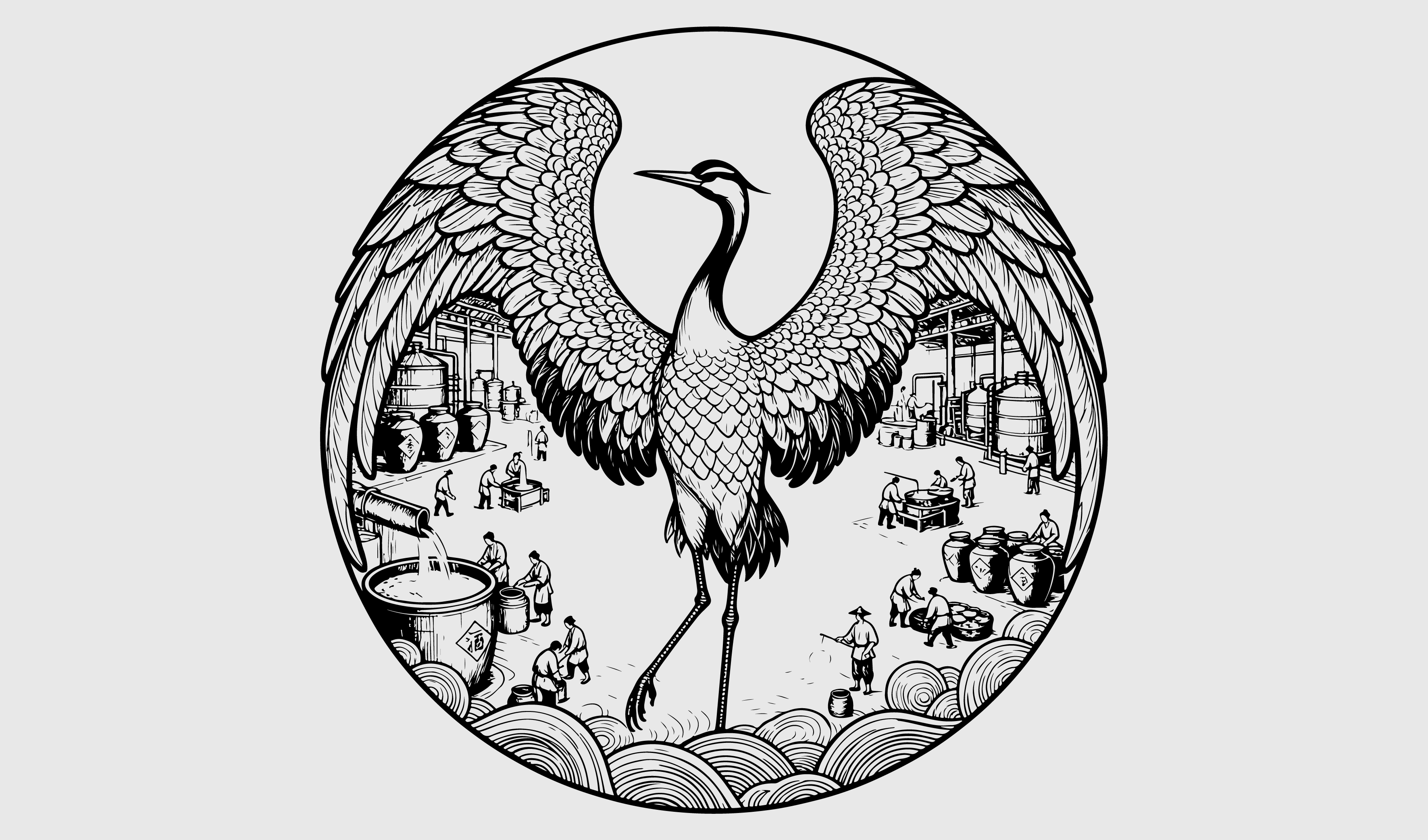 传统-仙鹤酿酒工艺矢量插画 元素设计