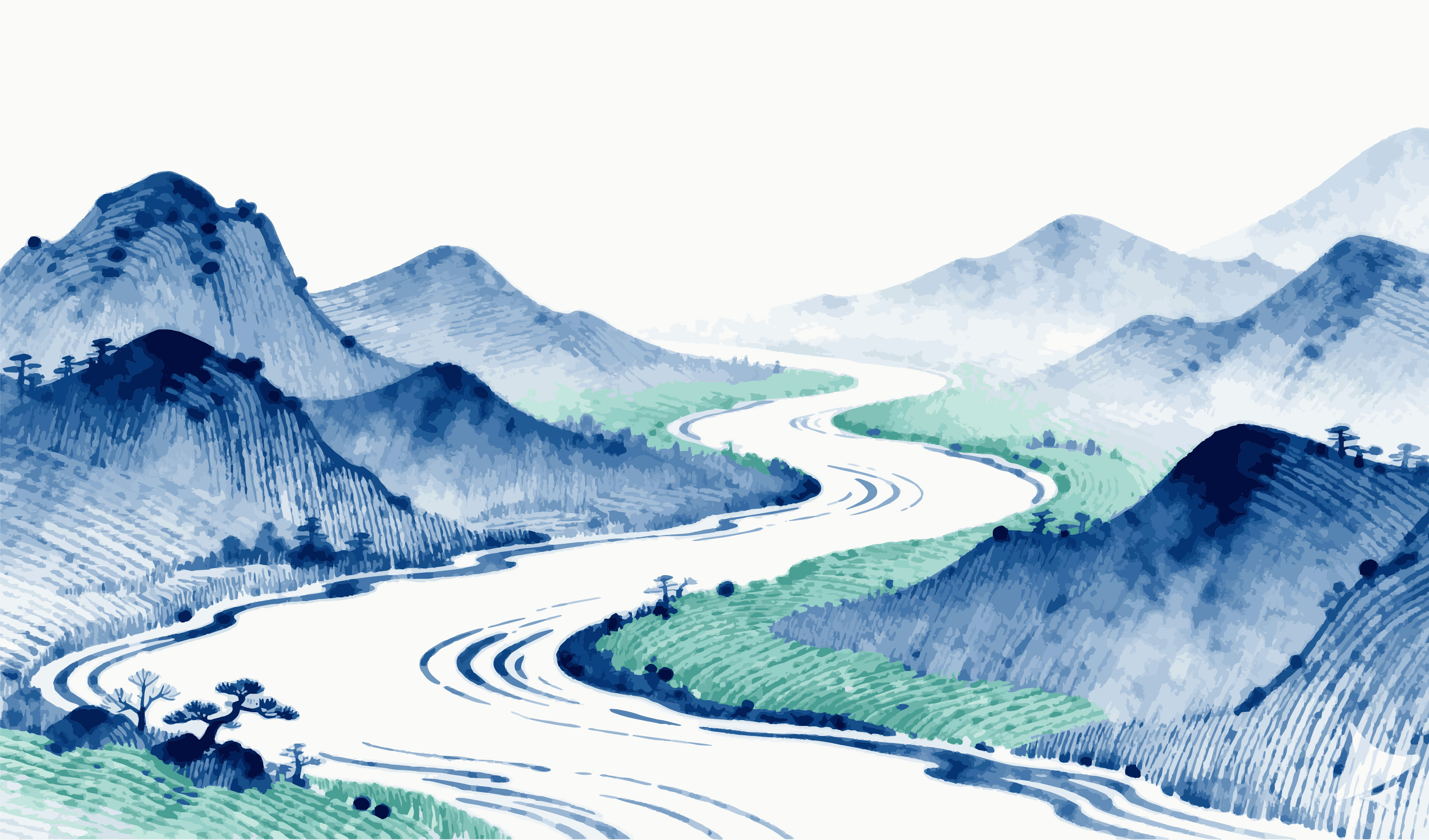 文创-插画 绘画 中国风 国画 水墨风 青绿山水 蜿蜒江河 水墨风格山峦美景